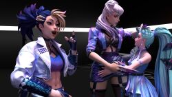 3d 3d_(artwork) 3girls akali blonde_hair blue_hair clothed clothes erevos evelynn female_only hugging image_set jacket k/da_all_out_akali k/da_all_out_evelynn k/da_all_out_seraphine k/da_all_out_series league_of_legends no_penetration seraphine_(league_of_legends) skirt teal_hair two_tone_hair white_hair yellow_eyes