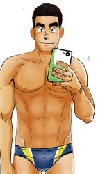 10s 1boy 2018 black_hair blue_speedo gay human male male_only muscular muscular_male nipples phone selfie simple_background solo speedo taku_hiraku white_background