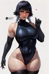 1girls ai_generated big_ass big_butt black_hair bleach bleach:_the_thousand-year_blood_war blue_eyes daulawkins elbow_gloves leotard looking_at_viewer medium_breasts short_hair smile smug soifon solo stable_diffusion standing thick_thighs thighhighs thighs wide_hips