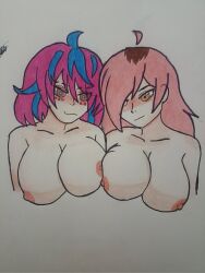 2girls blue_hair blush blushing breasts emikukis latam_virtual_youtuber multicolored_hair multiple_girls neneefthy nipples nude_female pink_hair virtual_youtuber vtuber vtuberfanart white_background yellow_eyes