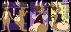 anthro anus ass brown_body brown_fur brown_hair buckteeth butt_heart circumcised clothing fur genitals glans goxe hair hi_res jacket lagomorph leporid letterman_jacket looking_at_viewer looking_back male mammal model_sheet penis pink_anus pink_glans rabbit simple_background spacebunnygoxe teeth topwear