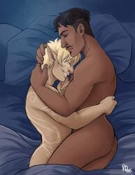 2boys artist_signature asleep ass bara bed biceps black_hair blonde_hair body_tattoo closed_eyes cuddling curvy curvy_body cute dark-skinned_male dark_hair dark_skin dorian_pavus dragon_age dragon_age_inquisition duo dyn_lavellan ear_piercing earrings elf elf_ears elf_male face_tattoo facial_hair fantasy gay gay_male human inquisitor_(dragon_age) light-skinned_male light_skin lying lying_down mage male male/male male_only moustache muscles muscular muscular_male naked naked_male nude nude_male on_bed piercing pointy_ears romantic size_difference sleep sleeping sleeping_together smile smiling tagme_(artist) tattoo tattoos unknown_artist video_games yaoi