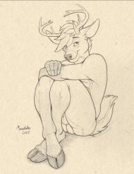 animal_genitalia anthro antlers balls cloven_hooves deer genitals hi_res hooves horn looking_at_viewer male male_focus male_only mammal monochrome richard_foley sepia sheath sitting solo solo_male