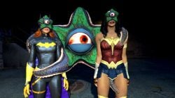 alien batgirl batman_(series) black_hair bodysuit cape comicaptor2023 crotch_rub dc_comics expressionless female_only femsub gloves long_hair multiple_girls multiple_subs open_mouth orange_hair parasite skirt standing starro wonder_woman