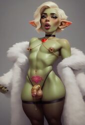 1boy ai_generated bimbo blonde_hair cerberuspup77926 elegant femboy feminine_male fur_coat goblin goblin_femboy high_heels male_only nipple_piercing offering_to_viewer open_mouth pubic_tattoo showing_off stockings