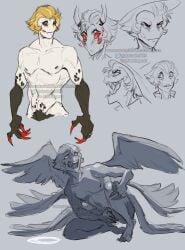 australet789 blonde_hair claws fallen_angel fangs halo hat hazbin_hotel horns humanoid lucifer_morningstar_(hazbin_hotel) male masculine nipples nude open_mouth red_eyes redesign ring simple_background solo teeth tongue tongue_out wings