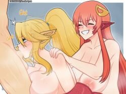 1boy 2023 2girls areolae big_breasts blonde_hair blowjob blue_eyes breasts centauress centorea_shianus closed_eyes fellatio forced_oral huge_penis interspecies lamia light-skinned_female light-skinned_male light_skin male_focus mammal_humanoid miia_(monster_musume) monster_girl monster_musume_no_iru_nichijou nipples oral oral_penetration oral_sex penis penis_in_mouth pointy_ears ponytail red_hair reptile_humanoid scocks4you unseen_male_face