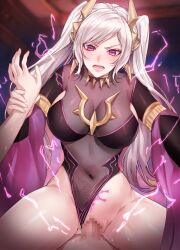 1boy 1girls alternate_costume angry armlet brand_of_the_defile breasts censored clothing_aside commission commissioner_upload cowgirl_position electricity female female_focus fire_emblem fire_emblem_awakening fire_emblem_cipher fire_emblem_heroes furrowed_brow glowing grima_(fire_emblem) headpiece highres holding_another's_wrist jewelry large_breasts leotard leotard_aside male male_pov necklace nintendo non-web_source official_alternate_costume open_mouth pale_skin pov pubic_tattoo purple_eyes robin_(female)_(fell_tactician)_(fire_emblem) robin_(fire_emblem) robin_(fire_emblem)_(female) scowl see-through sex skeb_commission solo_focus straddling straight tattoo twintails vaginal_penetration variant_set white_hair yuli_(yulipo)