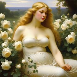 ai_generated big_breasts blonde_hair blue_eyes breasts cleavage curly_hair curvy female flower flowers lips long_hair presenting realistic rose_(flower) smile solo white_dress white_rose william_bouguereau