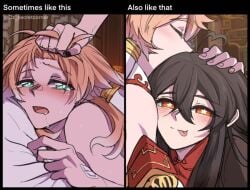 2girls ahe_gao blush cuddling czsecretcorner from_behind genshin_impact hair_grab hu_tao_(genshin_impact) love meme naughty_face pillow pillow_grab sometimes_like_this_also_like_that yanfei_(genshin_impact) yuri