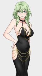 1girls alisa_(vallurite) alternate_costume bare_arms bare_shoulders black_choker black_dress blue_eyes breasts byleth_(female)_(fire_emblem) byleth_(fire_emblem) byleth_(fire_emblem)_(female) choker cleavage commentary dress english_commentary feet_out_of_frame female female_only fire_emblem fire_emblem:_three_houses green_eyes green_hair grey_background grin highres large_breasts long_hair looking_at_viewer meme_attire modakawa_dress nintendo simple_background sleeveless sleeveless_dress smile solo standing