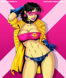 1girls bandeau big_breasts black_hair breasts choker cleavage clothing color_edit contrapposto darkknightstrikes earrings female female_only garrett_blair glasses gloves grin groin jacket jewelry jubilation_lee jubilee large_breasts lips lipstick looking_at_viewer makeup marvel marvel_comics midriff navel open_clothes open_jacket piercing pink-tinted_eyewear pinup short_hair short_shorts shorts sleeves_rolled_up smile solo standing strapless sunglasses tinted_eyewear underwear watermark web_address x-men yellow_jacket