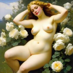 ai_generated belly blonde_hair blue_eyes breasts curly_hair curvy female flower flowers lips long_hair medium_breasts navel nipples nude presenting realistic rose_(flower) smile solo white_rose william_bouguereau