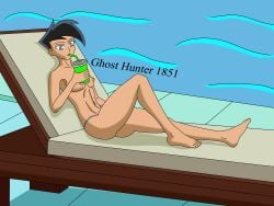 1boy bare_legs bare_shoulders bare_thighs barefoot barely_clothed bikini black_hair commentary_request danny_fenton danny_phantom drinking ghosthunter1851(artist) lying lying_on_back male_only nickelodeon pool poolside thick thick_thighs thong thong_bikini