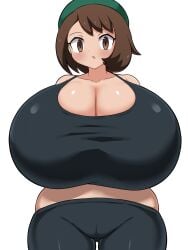 alternate_breast_size blush cameltoe cleavage collarbone furrowed_brow gigantic_breasts gloria_(pokemon) hyper_breasts jaga334 looking_at_viewer pokemon pokemon_ss shortstack skindentation spats sports_bra