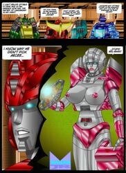 1girls arcee arcee_(g1) autobot big_breasts blurr breasts comic dialogue female female_autobots hot_rod huge_breasts kup large_breasts male multiple_boys nipples robot robot_boy robot_girl speech_bubble springer tagme transformers transformers_g1 wondermanrules