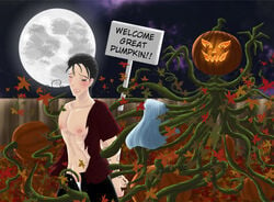 blanket_grab bound_wrists halloween imminent_rape imminent_sex linus_van_pelt male_only malesub night open_pants peanuts pumpkins ripped_clothes sign tagme tearing_clothes tentacle_on_male the_great_pumpkin undressing_another vines