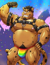 abs anthro beard big_pecs black_hair black_spots bulge clothing confetti domestic_cat facial_hair felid feline felis fur gloves gojho hair handwear harness hi_res josh_(joshdan) leather lgbt lgbt_pride male male_focus male_only mammal markings multicolored_clothing multicolored_speedo multicolored_swimwear musclegut muscular muscular_anthro muscular_male nipples pecs pride_color_clothing pride_color_speedo pride_color_swimwear pride_colors rainbow_pride_colors rainbow_speedo six-stripe_rainbow_pride_colors solo solo_male speedo spots stripes swimwear tan_body