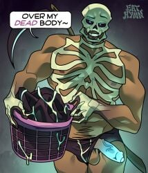 bara bones cum eat_hymn gay grim_reaper halloween haunted_hookups laundry muscle muscular muscular_male original_character parody skeleton