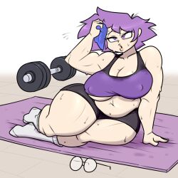 /ctt/ clothed console-tan exercise game_boy_advance gba-tan gijinka humanization humanized lips muscular_female noh-buddy purple_eyes purple_hair short_hair shortstack sports_bra sportswear sweat wash_cloth wiping_sweat