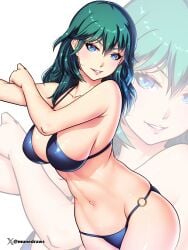 1girls alternate_costume bikini blue_bikini blue_eyes blue_swimsuit breasts busty byleth_(fire_emblem) byleth_(fire_emblem)_(female) cleavage etchimune female female_only fire_emblem fire_emblem:_three_houses green_hair light-skinned_female light_skin nintendo sideboob smiling solo swimsuit twitter_username two_piece_swimsuit