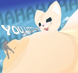 2024 aggressive_retsuko aggretsuko anthro big_breasts blush breasts canid canine digital_media_(artwork) duo faceless_character faceless_male female fennec_fox fenneko fox hi_res huge_breasts human macro male male/female mammal mikesmike nipples nude open_mouth sanrio simple_background size_difference smile text true_fox