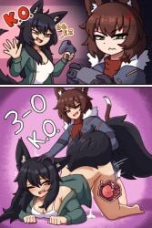 1boy 1girls 2koma anger_symbol black_hair breasts brown_hair cat_boy cat_ears cat_tail coat commission cutaway dialogue doggy_style domination english_text fangs femsub from_behind game_controller gameplay_mechanics gike green_eyes head_grab impregnation instant_loss_2koma kemonomimi maledom open_shirt original_character smug turtleneck vadaboob white_shirt white_skin wolf_ears wolf_girl wolf_tail yellow_eyes