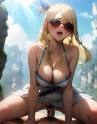 1boy 1girls ai_generated blush breasts brown-tinted_eyewear china cleavage cowgirl_position cum cum_in_pussy dress fairy_tail large_breasts lucy_heartfilia no_panties orgasm outdoors partial_male payop penis pov pubic_hair pussy screaming sex straddling sunglasses tinted_eyewear vacation vaginal_penetration wulong_national_park