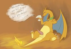 charizard claws color english_text feral fire larvitar_(artist) male male_only nintendo nude pokemon pokemon_(species) pokemon_mystery_dungeon sitting solo tagme tail tail_fire text