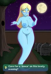 absurd_res areola big_breasts blonde_hair blue_areola blue_body blue_nipples breasts cemetery dialogue empty_eyes eyelashes female genitals ghost ghost_tail hair hi_res humanoid inverted_nipples keyboard-draws large_breasts long_hair looking_at_viewer luigi's_mansion mario_(series) melody_pianissima moon navel night nintendo nipples nude pussy smile solo spirit star tail tailed_humanoid talking_to_viewer text text_box thick_thighs tombstone wide_hips yellow_eyes
