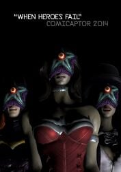 3d alien bare_shoulders batgirl batgirl_(injustice) batman_(series) black_background black_hair choker cleavage comicaptor2023 cover dazed dc dc_comics female_only femsub hat injustice:_gods_among_us long_hair multiple_girls multiple_subs open_mouth orange_hair parasite starro superhero text wonder_woman wonder_woman_(injustice) wonder_woman_(series) zatanna zatanna_(injustice) zatanna_zatara