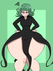 1girls 2024 2d 2d_(artwork) angry blush breasts child_bearing_hips clothed clothing front_view frown green_eyes green_hair hands_on_hips huge_thighs light-skinned_female light_skin mr.lewd no_panties one-punch_man simple_background tatsumaki thick_thighs thunder_thighs tsundere wide_hips