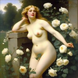 ai_generated belly blonde_hair blue_eyes breasts curly_hair curvy female flower flowers lips long_hair medium_breasts navel nipples nude presenting realistic rose_(flower) smile solo white_rose william_bouguereau