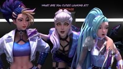 3d 3d_(artwork) 3girls akali blonde_hair blue_hair clothed clothes comic erevos evelynn female_only image_set jacket k/da_all_out_akali k/da_all_out_evelynn k/da_all_out_seraphine k/da_all_out_series league_of_legends league_of_legends:_wild_rift no_penetration seraphine_(league_of_legends) skirt teal_hair text two_tone_hair white_hair yellow_eyes