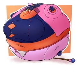 1girls 2b_labs belly_expansion big_belly big_breasts blowing_bubblegum breast_expansion button_down_shirt button_gap buttons cane expansion gum immobile inflation open_belt orange_inflation orange_skin round_body spherical_inflation sunken_head sunken_limbs top_hat unzipped unzipped_pants