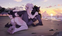 anthro beach black_body black_hair blacky-moon blush breasts canid canine canis domestic_dog duo female female/female flower fluffy fluffy_tail genitals hair hi_res hybrid kissing long_hair lube mammal masturbation neon-chan nipples pawpads paws pink_body plant public pussy sea short_hair smile spots sunset tail water white_body white_hair wolf