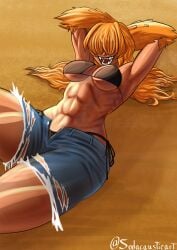 abs alien alien_girl arms_behind_head bangs bangs_over_eyes ben_10 canine chaquetrix claws eyes_covered female female_focus female_only muscular muscular_female on_ground orange_hair ripped_jeans sharp_teeth short_jeans sodacaustica solo solo_female solo_focus swimsuit tie_panties unzipped unzipped_shorts vulpimancer wildmutt