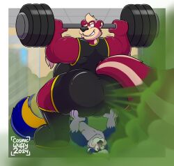 anthro ass belly big_butt boots clothing cosmicwuffy_(artist) crouching deadlift duo exercise fart fart_cloud fart_fetish farting_on_another footwear gassy gym hi_res holding_butt lying male male/male mammal manly mephitid on_back raised_tail size_difference skunk smelly tail weightlifting workout