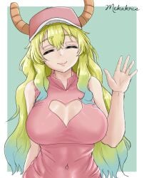 1girls alternate_version_available baseball_cap big_breasts blonde_hair breasts cleavage closed_eyes clothing female female_only hair hat headwear horns huge_breasts lips long_hair mature mature_female mature_woman mekakris miss_kobayashi's_dragon_maid quetzalcoatl_(dragon_maid) smile solo solo_female topwear two_tone_hair upper_body waving