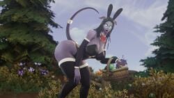 1girls 3d alliance_female big_ass big_breasts black_hair blizzard_entertainment bowtie breasts bunny_ears bunny_girl bunnysuit draenei easter_basket easter_egg female female_only fishnets hooves hourglass_figure keshina looking_at_partner milf morilymory oc original_character outside purple_skin standing tail thick_thighs warcraft world_of_warcraft