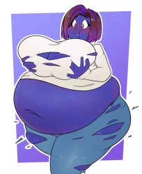 1girls 2b_labs ass_expansion belly_expansion big_ass big_belly big_breasts big_thighs blue_pants blue_skin blueberry_inflation breast_expansion brown_hair brown_hair cleavage dyed_hair expansion grabbing_own_breast hand_on_breast hand_on_own_breast inflation long_sleeves navel puffed_cheeks purple_hair ripped_clothing ripped_pants ripped_shirt wardrobe_malfunction white_shirt