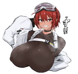 1girls blush brown_eyes cropped_torso dark-skinned_female dark_skin female_only fully_clothed goddess_of_victory:_nikke grin hammering_(nikke) large_breasts nipple_bulge red_hair steam sweat tight_clothing tkool_man