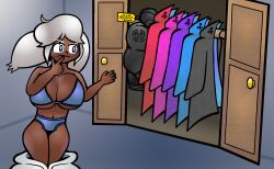 /ctt/ blue_eyes closet console-tan dark_skin finger_on_lip gijinka huge_breasts humanization humanized lingerie playstation_5 ps5-tan sony_interactive_entertainment thick twintails unclothed very_dark_skin white_hair