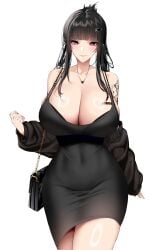 1girls black_hair breasts chixiao d_(killer_wife)_(nikke) d_(nikke) dress female goddess_of_victory:_nikke huge_breasts light-skinned_female light_skin long_hair massive_breasts red_eyes tattoo tight_clothing white_background