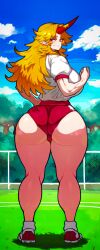 1girls 2d ai_generated alternate_ass_size alternate_costume ass ass_focus big_ass big_breasts blonde_hair bloomers breasts buruma cameltoe curvaceous curvaceous_female curvaceous_figure curvy curvy_female curvy_figure dat_ass day female from_behind gym_clothes gym_shorts gym_uniform heavenly_ass hips horn hoshiguma_yuugi hourglass_figure huge_ass huge_breasts humanoid large_ass large_breasts legs long_hair looking_at_viewer looking_back looking_back_at_viewer messy_hair muscles muscular muscular_female muscular_legs no_panties oni oni_horn oni_horns open_mouth outdoors pointy_ears pussy_peek red_bloomers red_eyes red_shorts shiny_skin shirt shoes short_sleeves shorts sideboob smakiel smile smiling sneakers solo source sportswear standing thick_legs thick_thighs thighs tight_shorts touhou vulva wedgie wide_hips you_gonna_get_raped