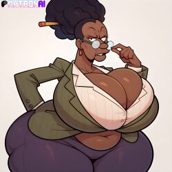 4k ai_generated ass bbw belly belly_button big_belly big_breasts black_body black_gilf black_hair black_skin breasts bubble_ass bubble_butt cleavage clothed clothing dark-skinned_female dark_body dark_skin disney female female_only gilf glasses granny highres hips hips_wider_than_shoulders huge_ass huge_breasts huge_butt huge_hips huge_thighs kick_buttowski kick_buttowski:_suburban_daredevil large_breasts matronai_(artist) mature mature_female mature_woman ms._fitzpatrick old older_female patreon pinup solo solo_female solo_focus stable_diffusion teacher thick_hips thick_thighs thighs wide_hips