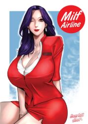 airliner big_breasts huge_breasts lipstick milf purple_hair red_clothes stewardess stewardess_uniform white_female