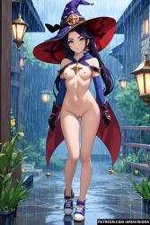 1girls ai_generated aqua_eyes ariavisions black_hair breasts female female_only full_body genshin_impact medium_breasts mona_(genshin_impact) nude nude_female pussy raining small_breasts solo thigh_gap uncensored witch_hat