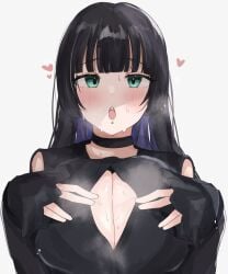 1girls 34ltiki_(l_tiki) absurdres black_choker black_dress black_hair blunt_bangs blush bocchi_the_rock! breasts chin_piercing choker cleavage cleavage_cutout clothing_cutout colored_inner_hair dress female goth_fashion green_eyes heart highres hime_cut horny_female labret_piercing large_breasts light-skinned_female light_skin long_hair long_sleeves multicolored_hair off_shoulder pa-san paizuri_invitation piercing purple_hair simple_background solo sweat