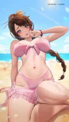 1girls absurd_res absurdres adult bare_arms bare_legs bare_midriff bare_shoulders bare_skin bare_thighs belly belly_button bikini blue_eyes blue_eyes_female blue_sky blush blush_lines braid braided_hair braided_ponytail breasts brown_hair brown_hair_female character_request cleavage clouds coast collarbone copyright_request dot_nose earrings elbows embarrassed embarrassed_female female female_focus female_only fingernails fingers groin hair_ornament high_resolution highres hourglass_figure knees large_breasts legs light-skinned_female light_skin lips liremi long_hair naked naked_female navel nervous nervous_expression nervous_face nude nude_female ocean open_mouth outdoor outdoors parted_bangs pink_bikini pink_bikini_bottom pink_bikini_top pink_swimsuit pink_swimwear sea seaside shoulders simple_background sitting sitting_on_floor sky slender_body slender_waist slim_girl slim_waist solo swimsuit swimwear thick_thighs thighs thin_waist underboob upper_body v-line very_long_hair wide_hips